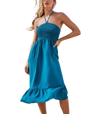 knee length dresses for ladies Cara Smocked Halter Poplin Dress