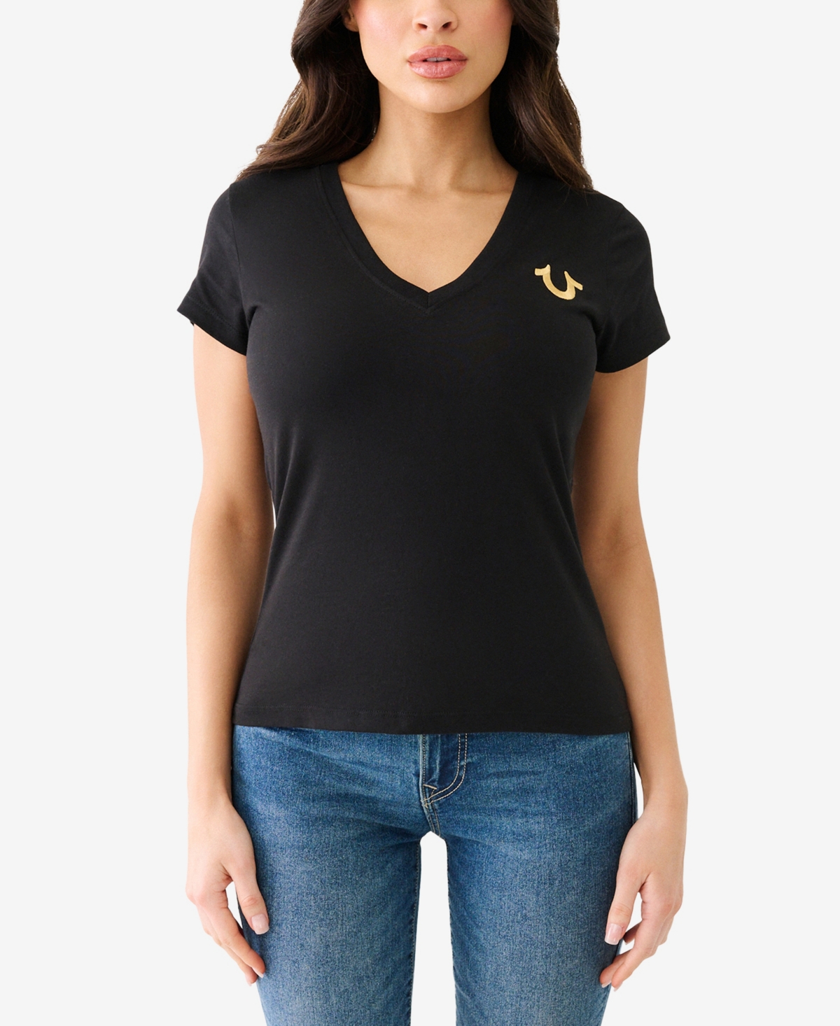Shop True Religion Women's Short Sleeve Horseshoe V-neck T-shirt In Jet Black