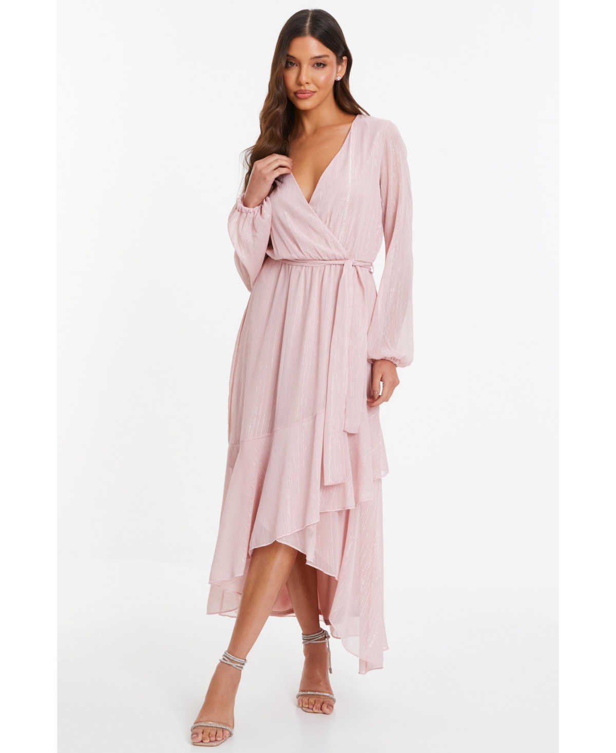 Women's Metallic Chiffon Long Sleeve Wrap Maxi Dress - Pink