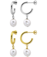 2-Pc. Set Cultured Freshwater Pearl (10 x 8mm) Dangle Hoop Earrings in Sterling Silver & 18k Gold-Plate - White