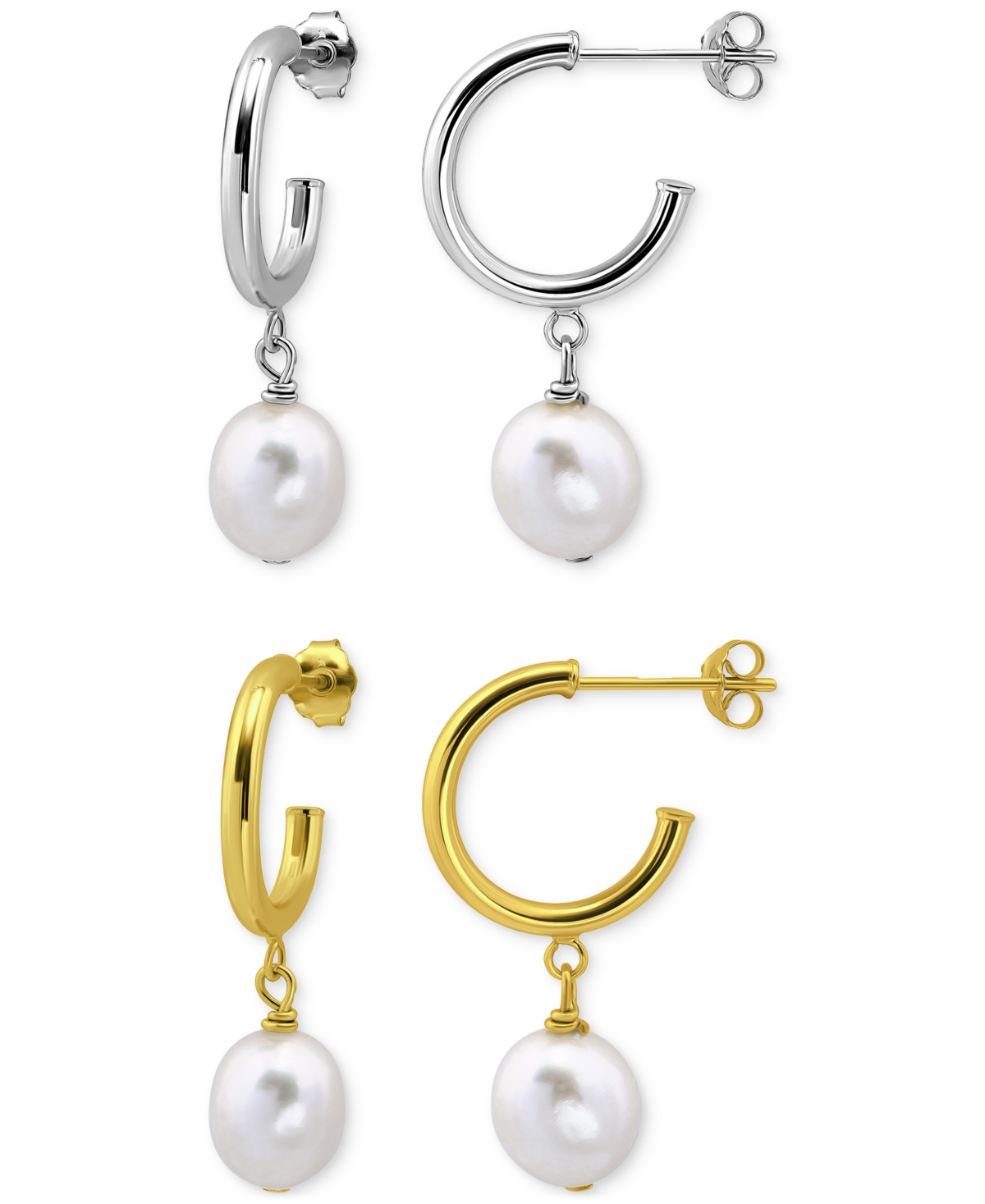 2-Pc. Set Cultured Freshwater Pearl (10 x 8mm) Dangle Hoop Earrings in Sterling Silver & 18k Gold-Plate - White
