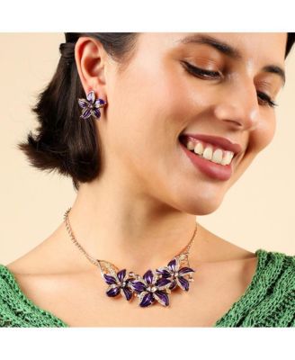 Women's Purple Enamel Flower Necklace And Earrings (Set Of 2)