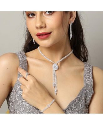 Women's Silver Bling Drop Necklace, Earrings, Bracelet And Ring (Set Of 4)