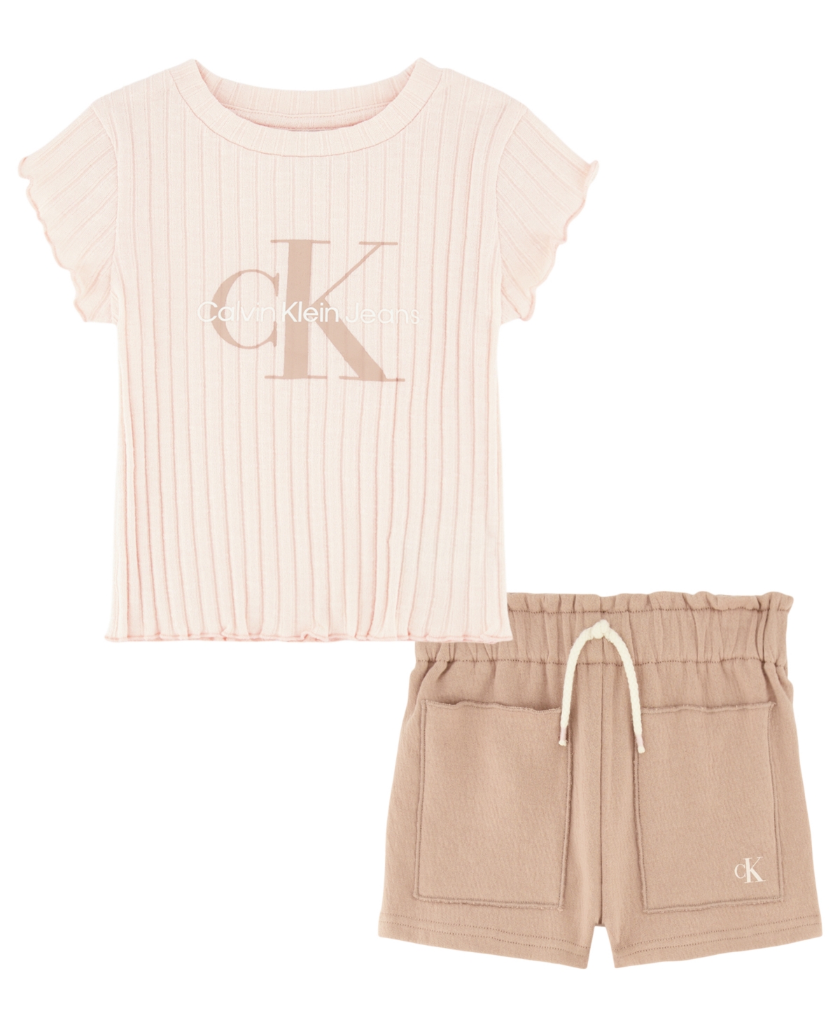 Calvin Klein Kids' Little Girls Ribbed Logo T-shirt And Crepe French Terry Shorts, 2 Piece Set In Taupe