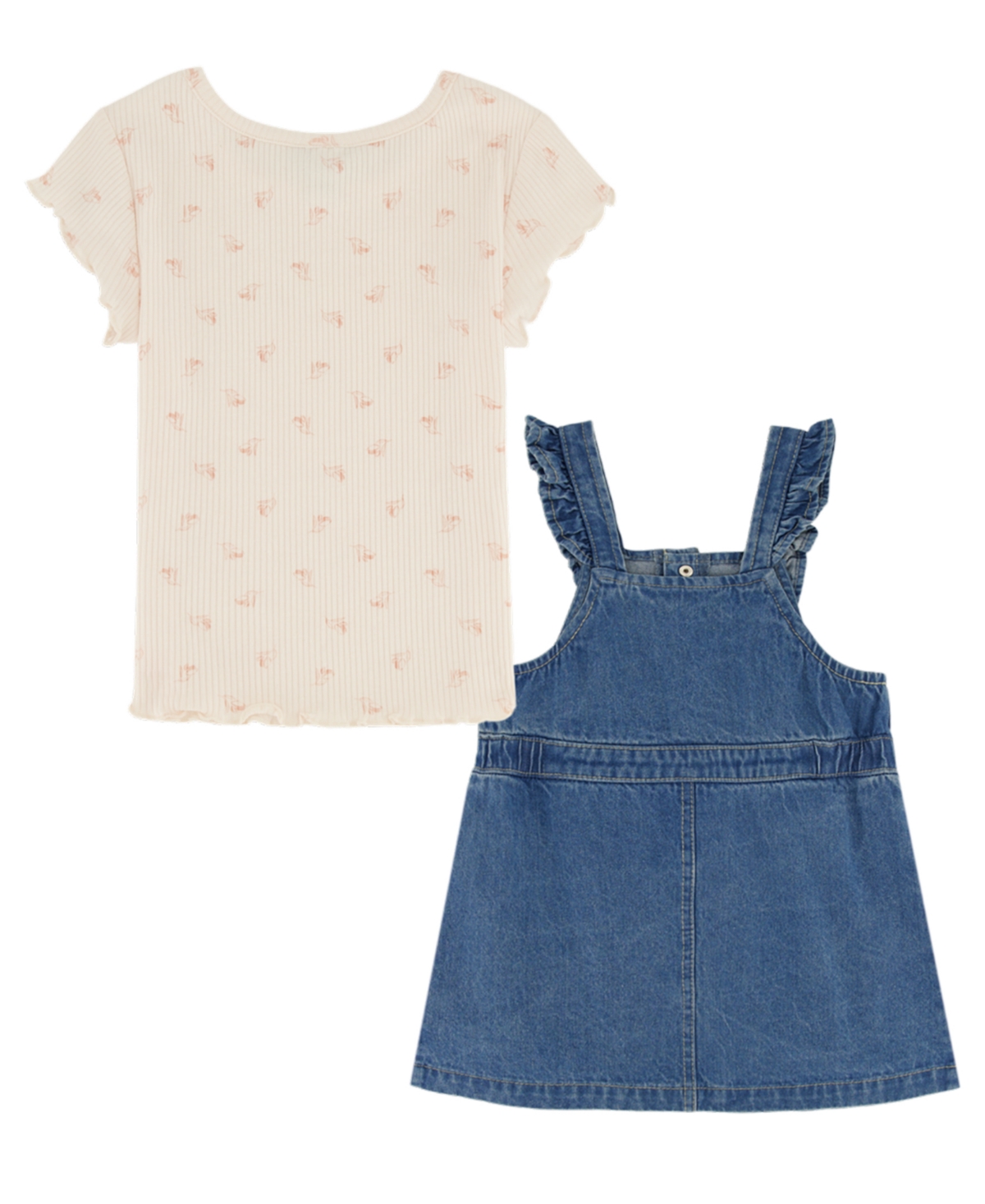 Calvin Klein Toddler Girls Lettuce Edge Ribbed T-shirt and Ruffle-Trim Denim Jumper, 2 Piece Set