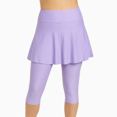 Women's Chlorine Resistant High Waisted Flared Swim Skort With Attached Capri Leggings