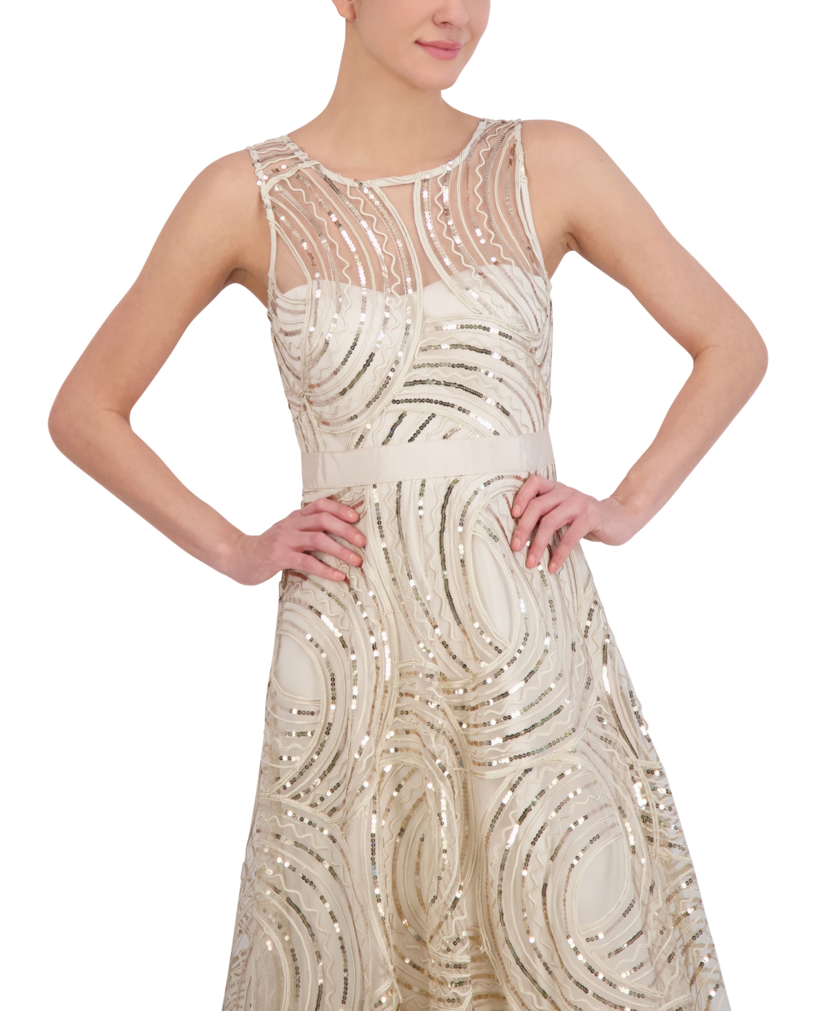 Shop Eliza J Women's Sequined Illusion Gown In Champagne