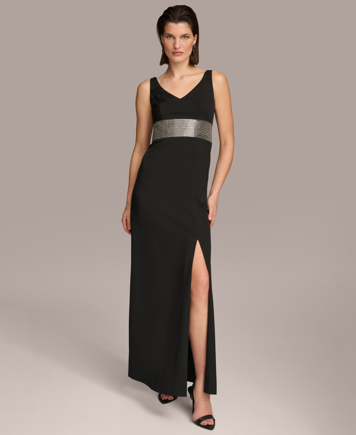 Women's Embellished V-Neck Gown - Black/Silver
