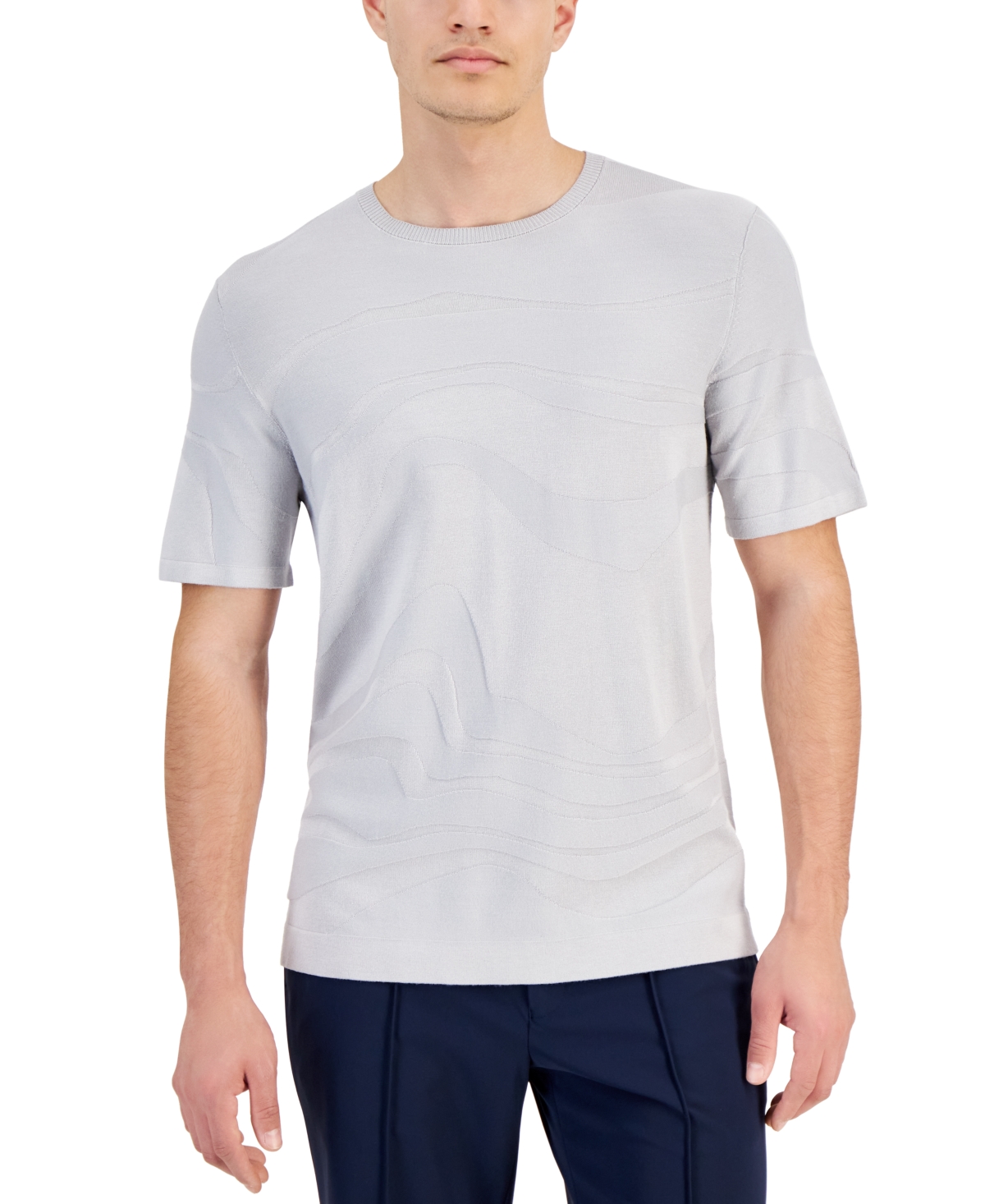 Shop Alfani Men's Tonal Wave Jacquard T-shirt, Created For Macy's In Grey Fog
