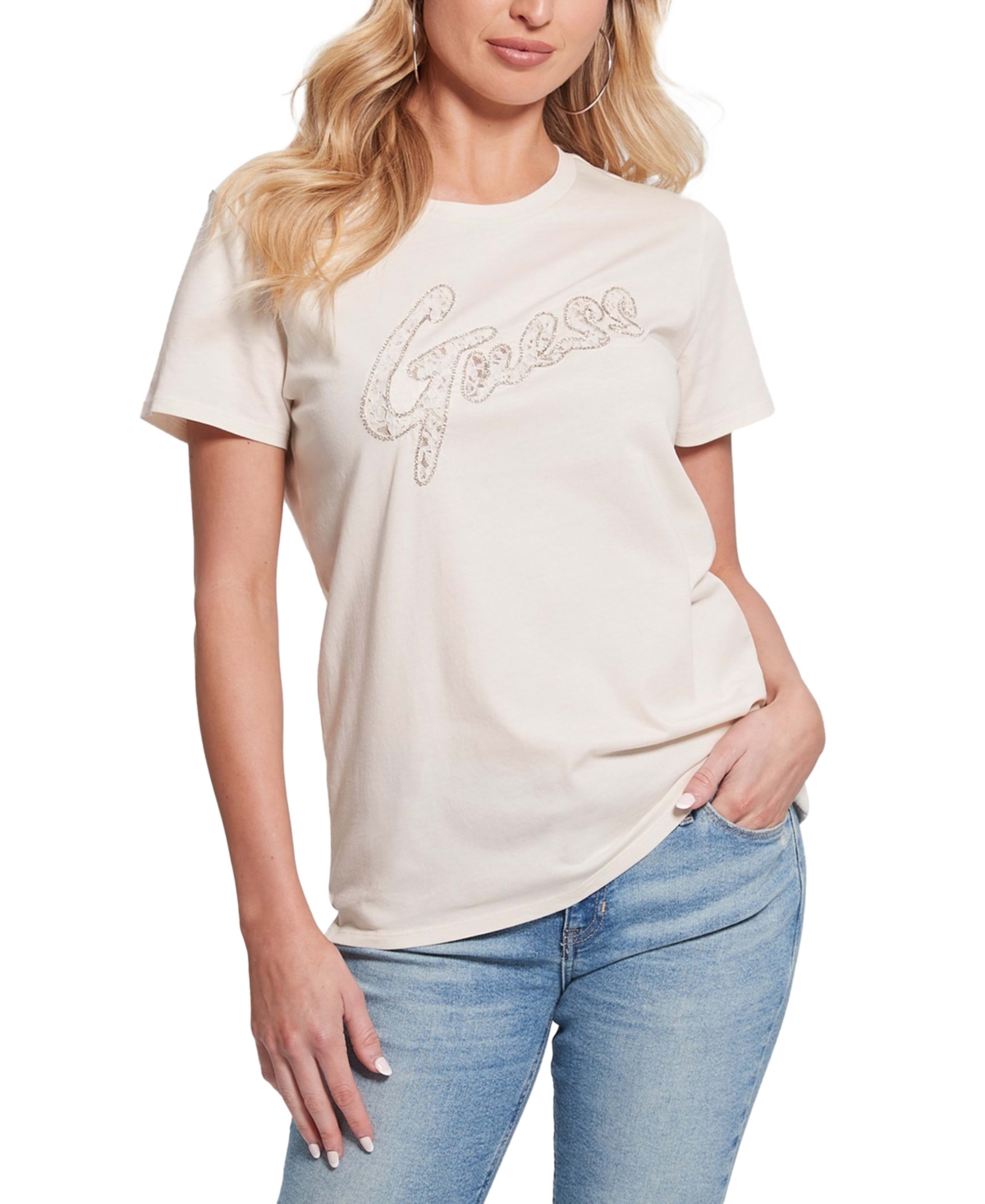 Shop Guess Women's Cotton Lace-logo Short-sleeve Easy T-shirt In Cream White