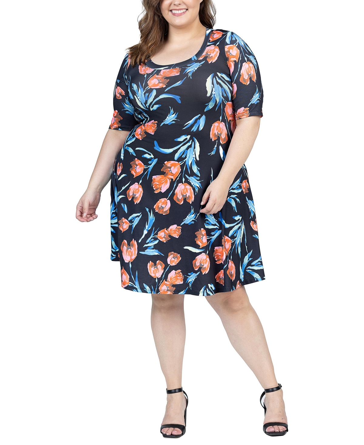 24seven Comfort Apparel Plus Size Elbow Sleeve Knee Length Dress