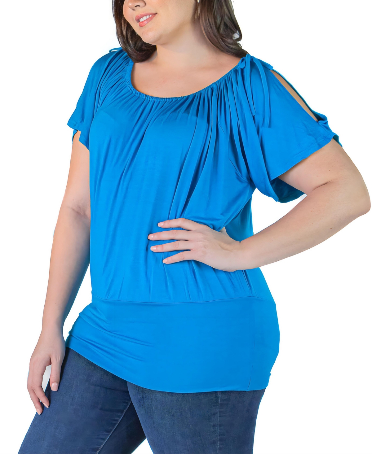 24seven Comfort Apparel Plus Size Short Sleeve Split Shoulder Top