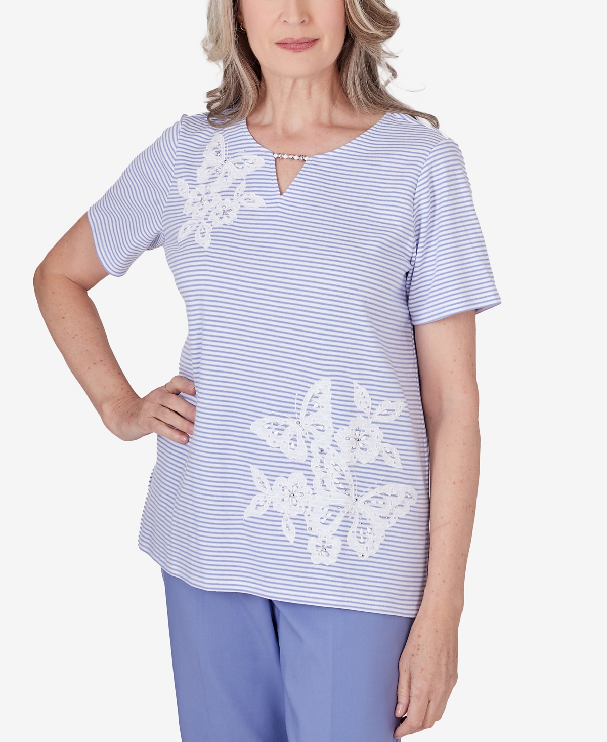 Alfred Dunner Women's Summer Breeze Mini Stripes T-shirt with Butterfly Lace Detail