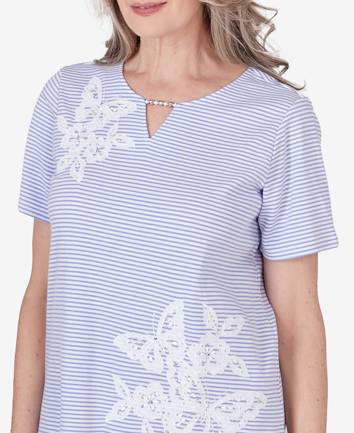 Alfred Dunner Women's Summer Breeze Mini Stripes T-shirt with Butterfly Lace Detail