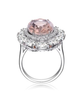 Sterling Silver with White Gold Plated Pink Oval with Clear Round Cubic Zirconia Halo Ring