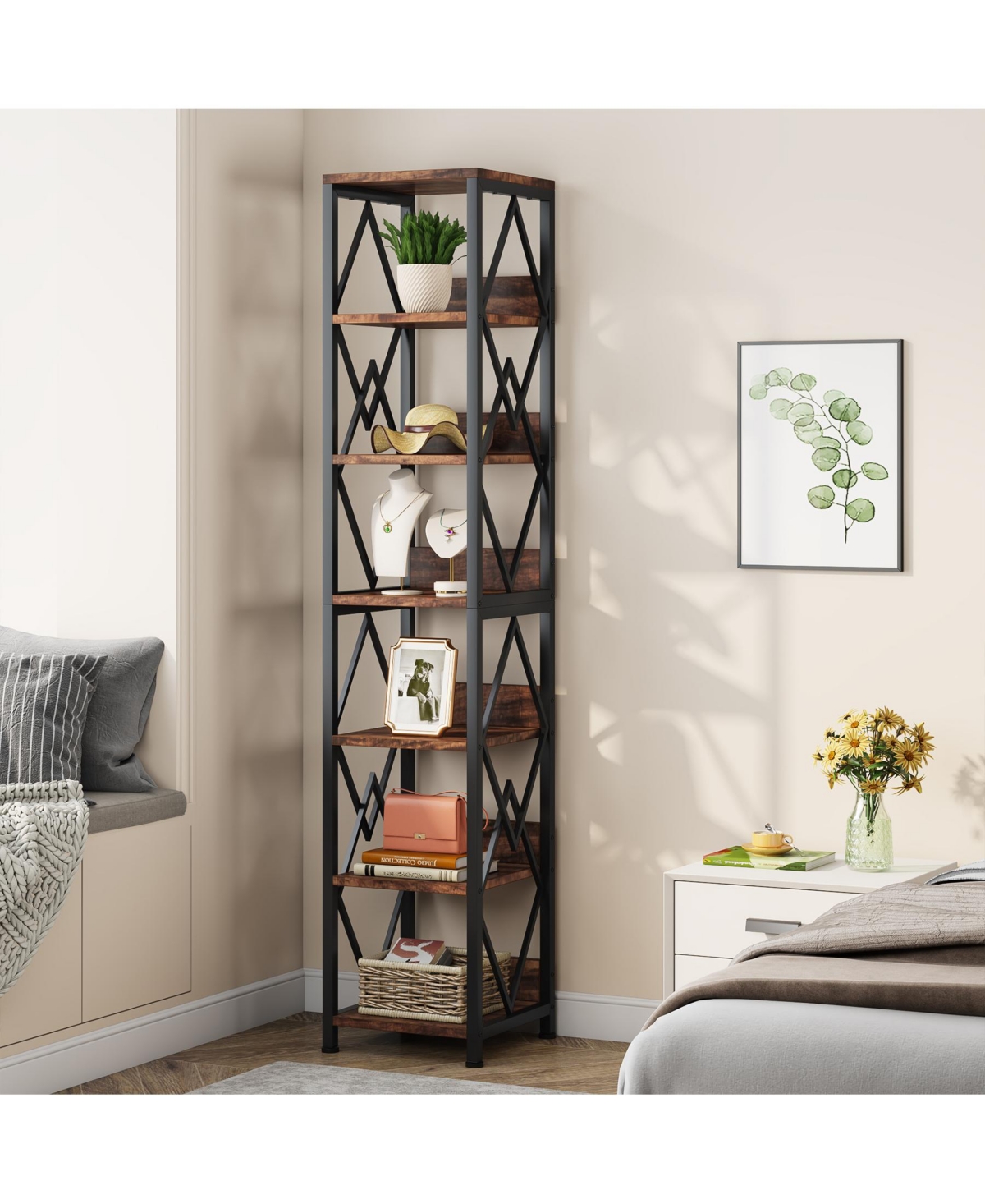 Tribesigns 6-Tier Bookshelf Storage Shelves: 75 Inches Tall Narrow Bookcase with Heavy Duty Metal Frame