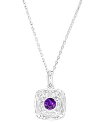 Amethyst & Lab-Grown White Sapphire Square Halo Birthstone Pendant Necklace in Sterling Silver, 16" + 2" extender 
