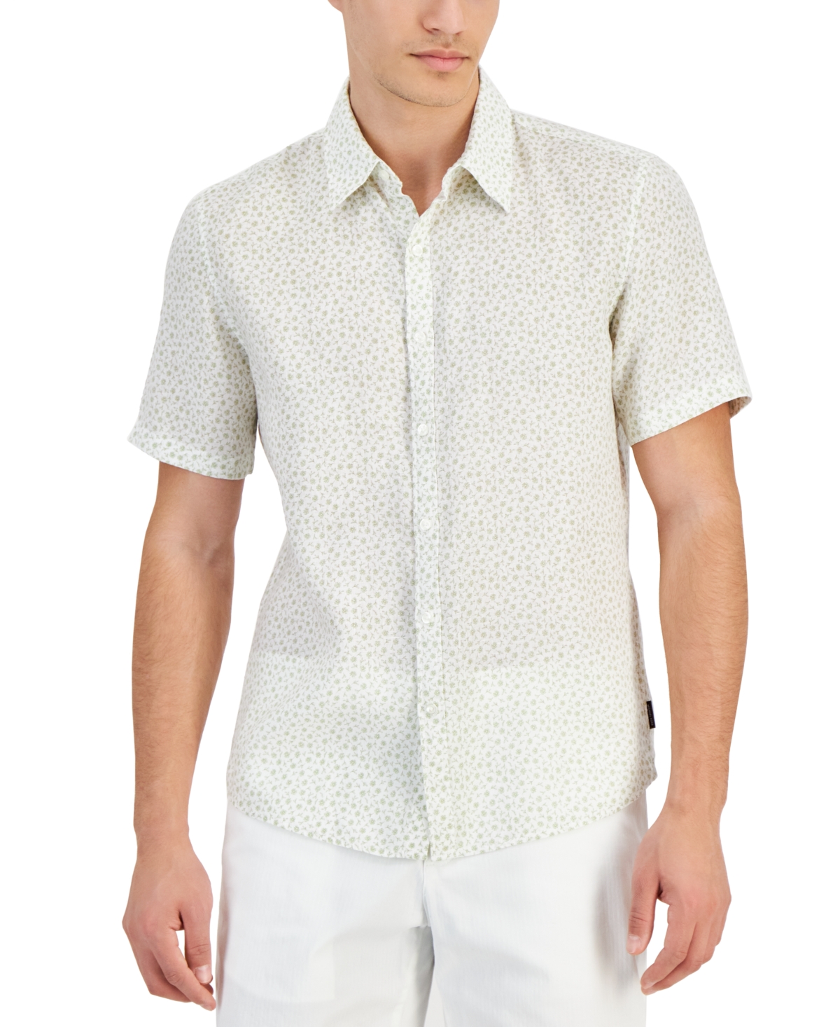 Men's Slim-Fit Floral Ditsy-Print Button-Down Linen Shirt - Light Sage
