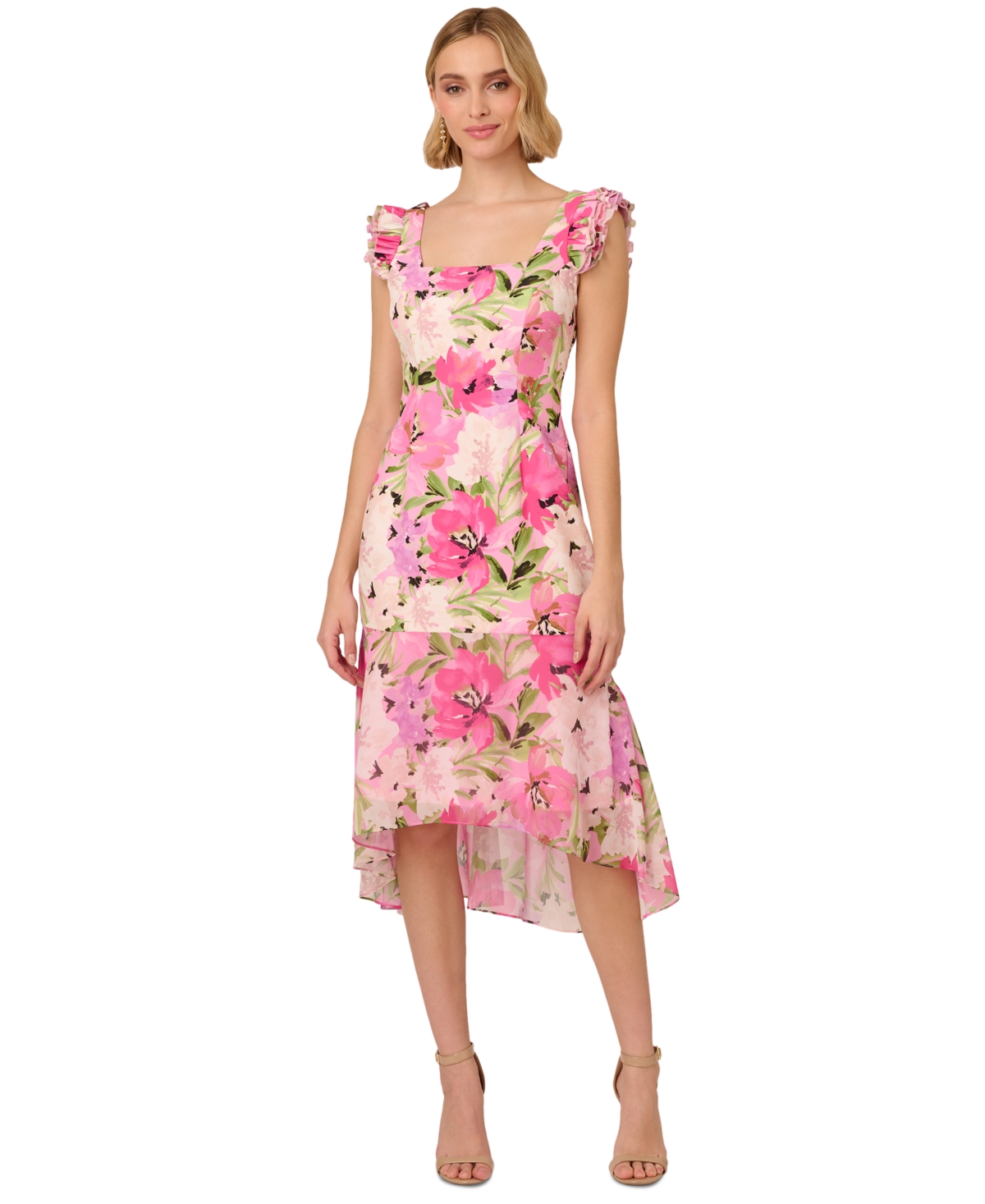 Women's Floral-Print High-Low Midi Dress - Pink Multi