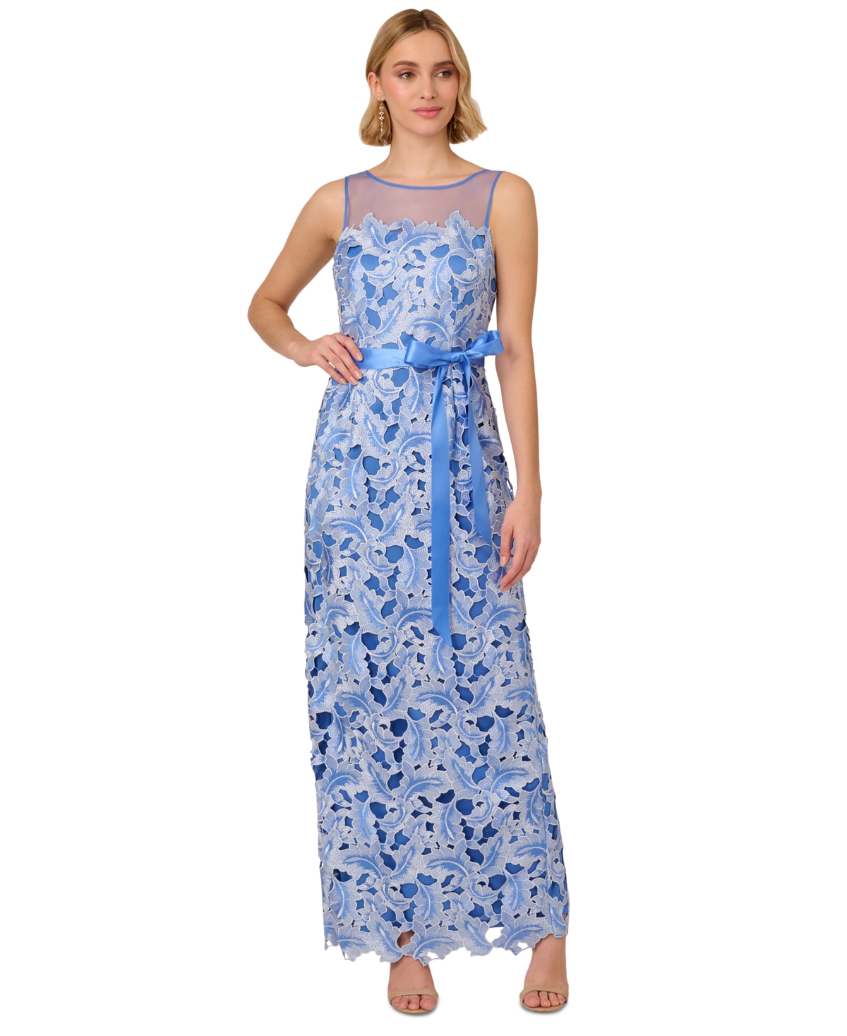 Shop Adrianna Papell Petite Round-neck Sleeveless Tonal Lace Dress In Pericruise