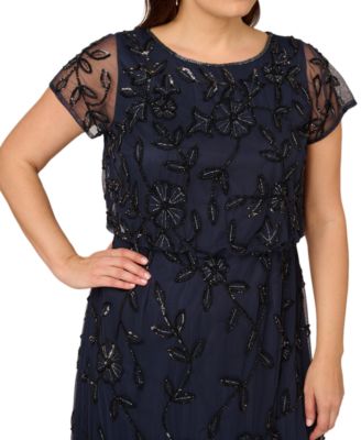 Plus Size Blouson Beaded Short-Sleeve Gown 