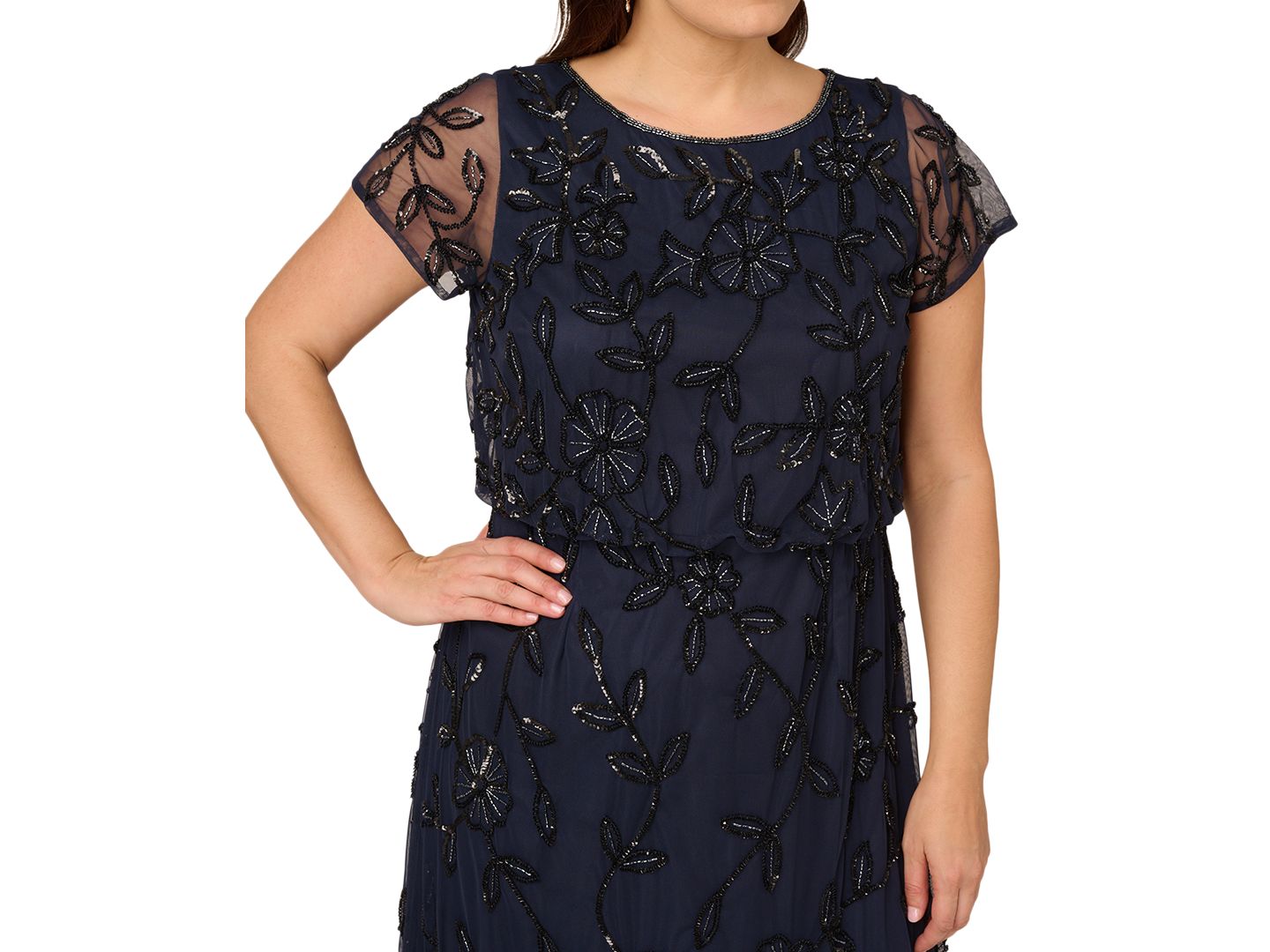 Женские платья Adrianna Papell Plus Size Blouson Beaded Short-Sleeve Gown, цвет: Тёмно-синий чёрный — фото 3