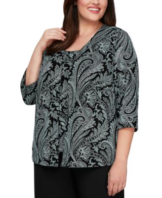 Alex Evenings - Plus Size Printed 3/4 Sleeve Jacket & Scoop-Neck Tank Top