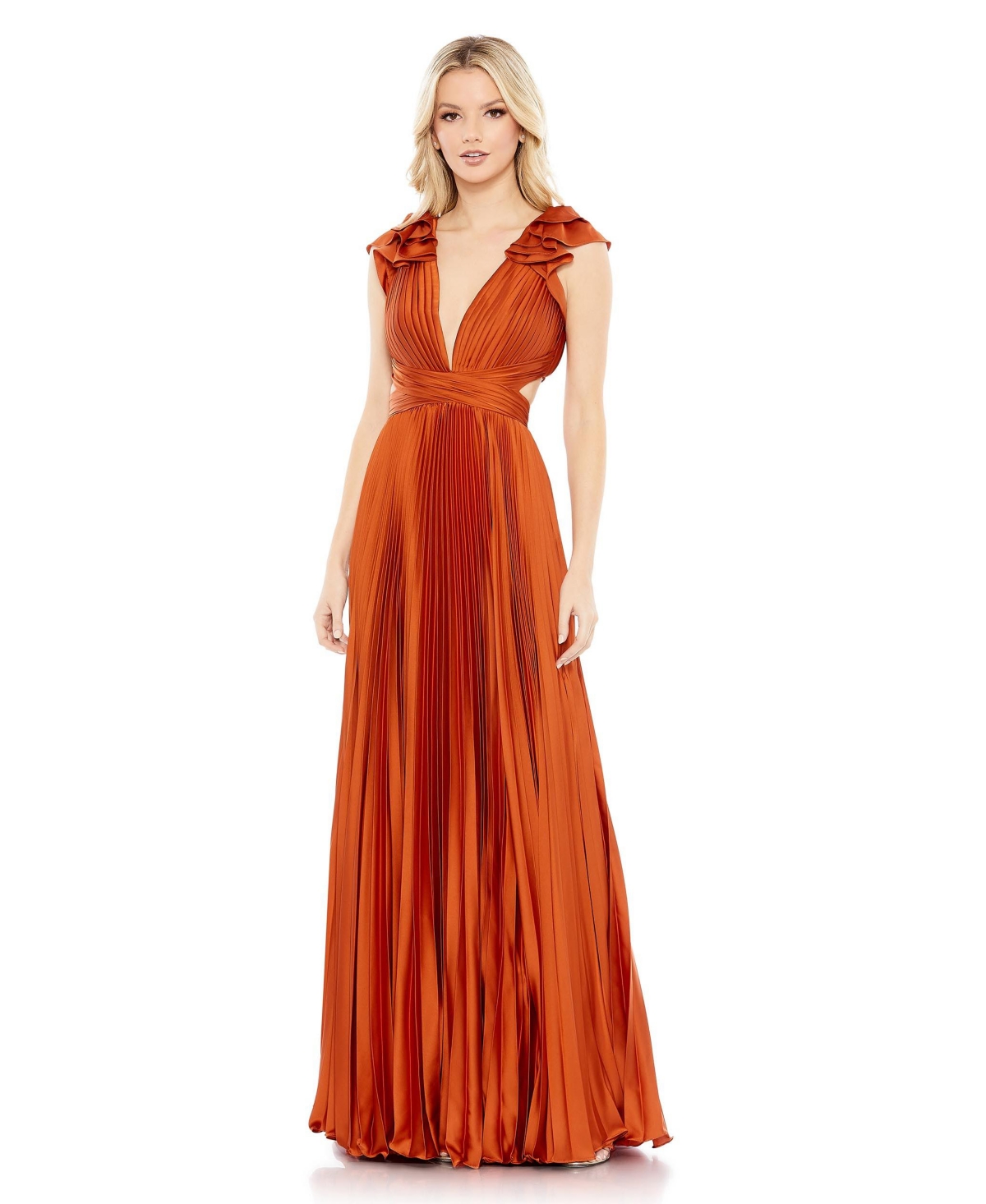 Women's Ieena Pleated Ruffled Cap Sleeve Cut Out Lace Up Gown - Burnt orange