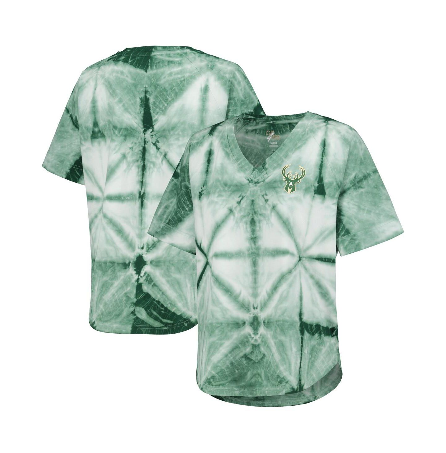 Женская футболка G-III 4Her by Carl Banks Hunter Green Milwaukee Bucks Tournament Raglan Oversized Tie-Dye V-Neck — фото 1