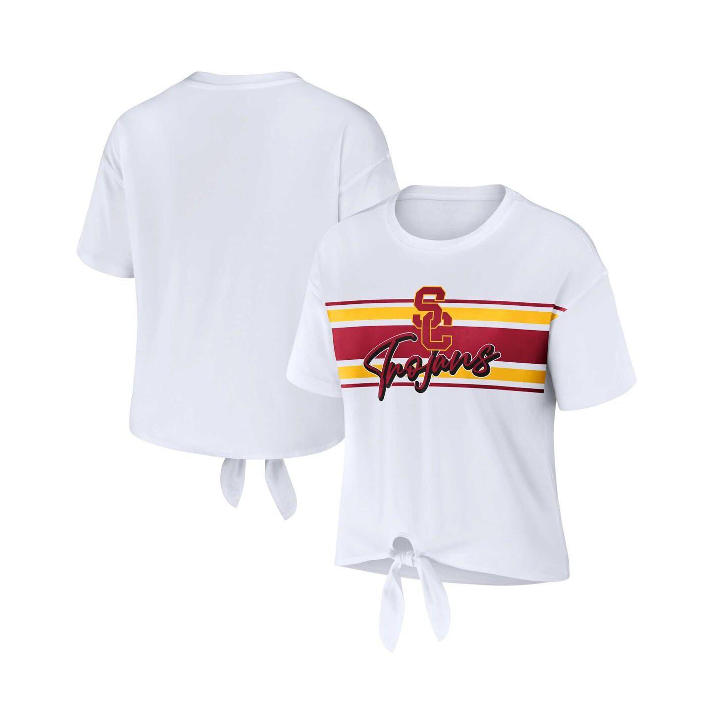 Женская футболка WEAR by Erin Andrews White USC Trojans Striped Front Knot Cropped — фото 1