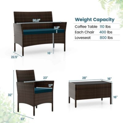 4PCS Rattan Patio Furniture Set Cushioned Sofa Chair Coffee Table