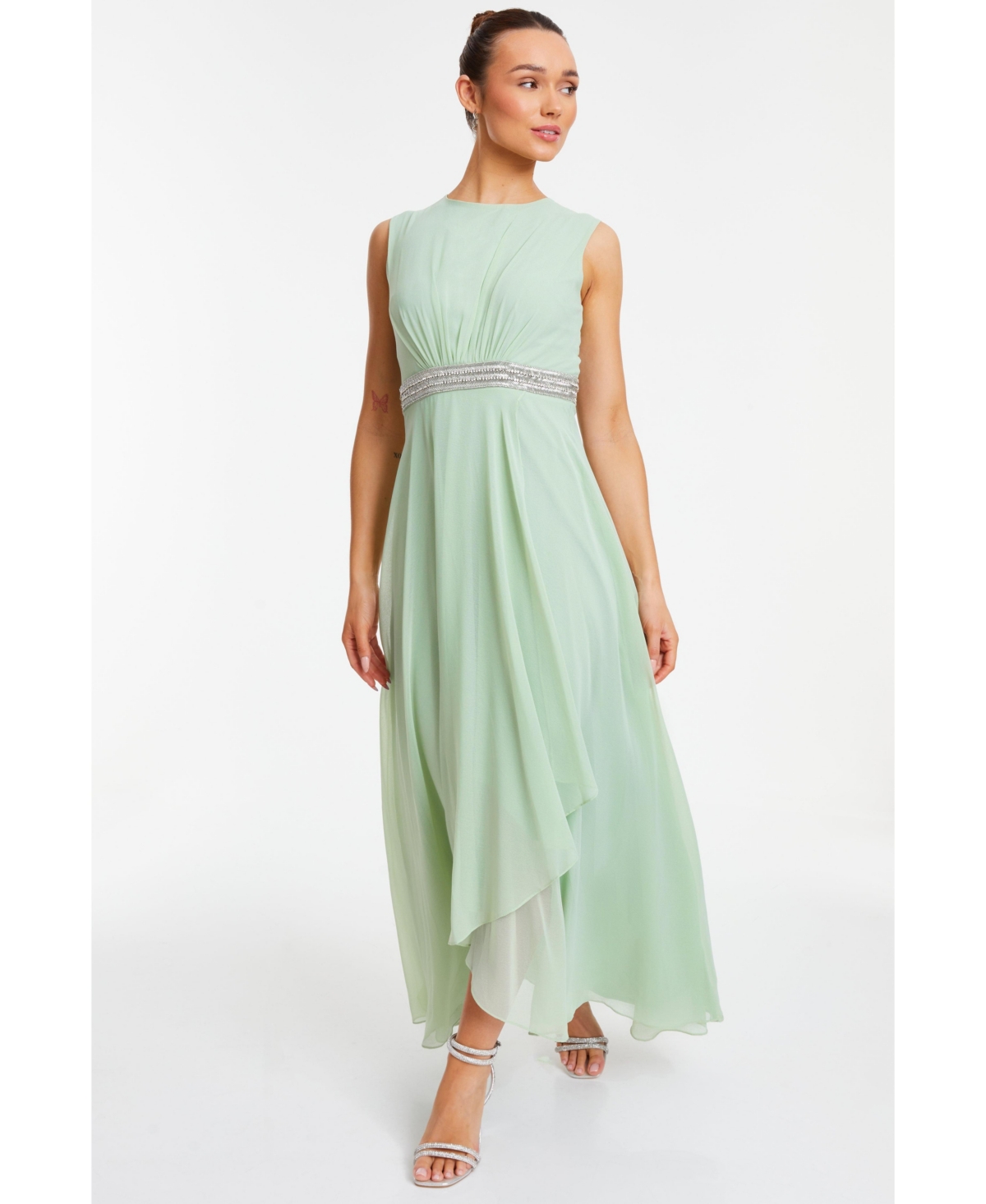 Plus Size Chiffon Embellished Round Neck Evening Dress - Green
