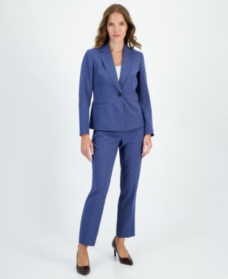 Le Suit Pinstripe One-Button Jacket & Slim-Fit Pantsuit, Petite ...