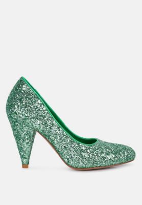 Womens Sugar Plum Glitter Conical Heel Pumps