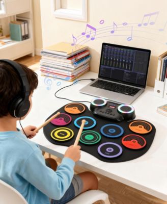 Colorful Roll-Up Electronic Drum Set with Flashing Lights, Dual Speakers & Headphone Jack for Kids