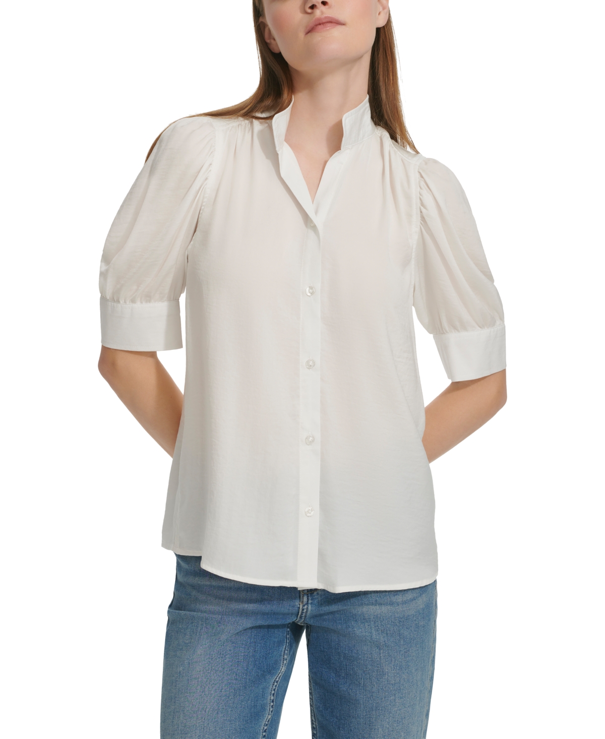Calvin Klein Jeans Est.1978 Women's Charmeuse Puff-sleeve Stand-collar Top In Porcelain