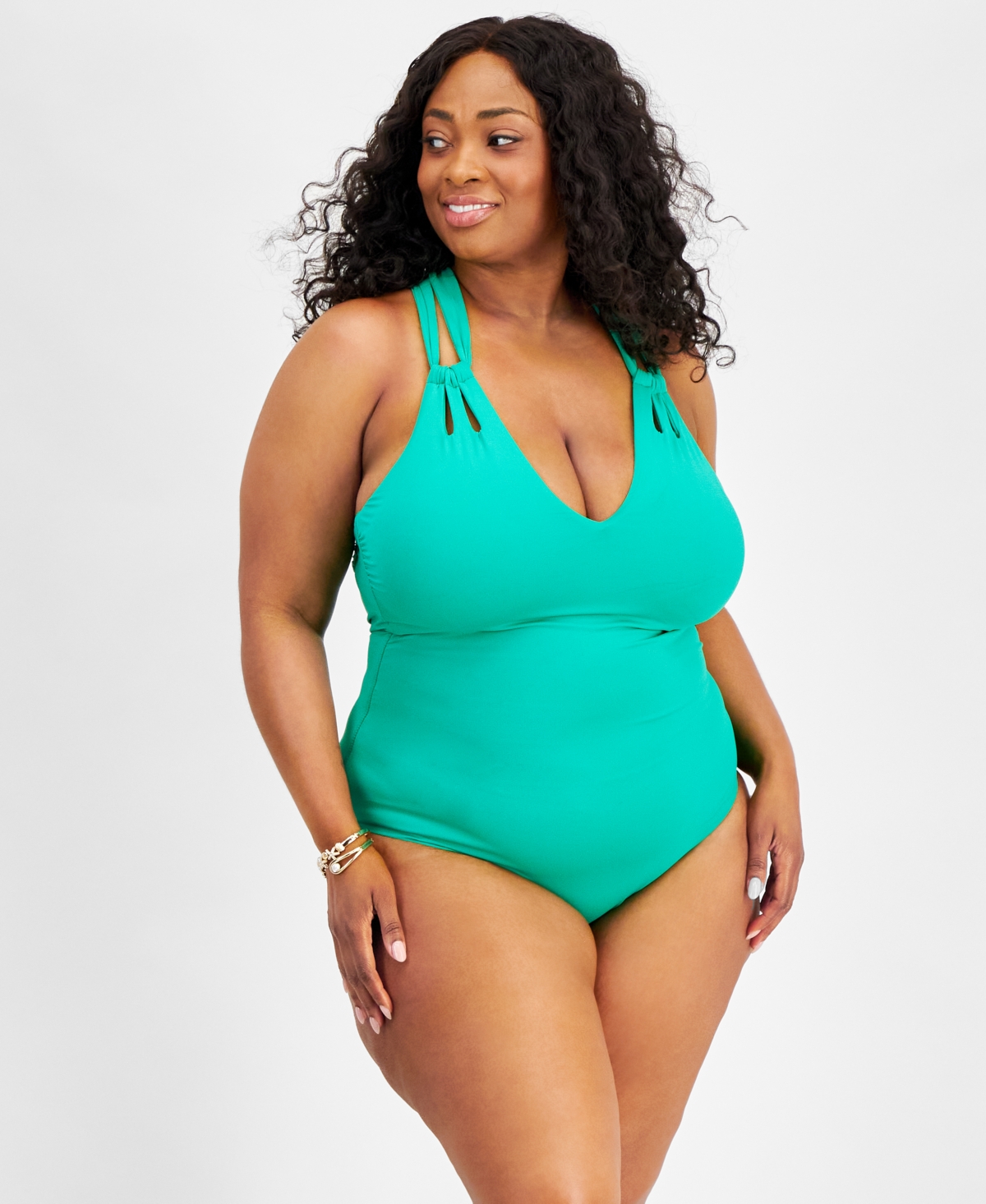 Becca Etc Plus Size Awaken Printed Tie Strap Tankini Top Shirred Side Bikini Bottoms Smart Closet