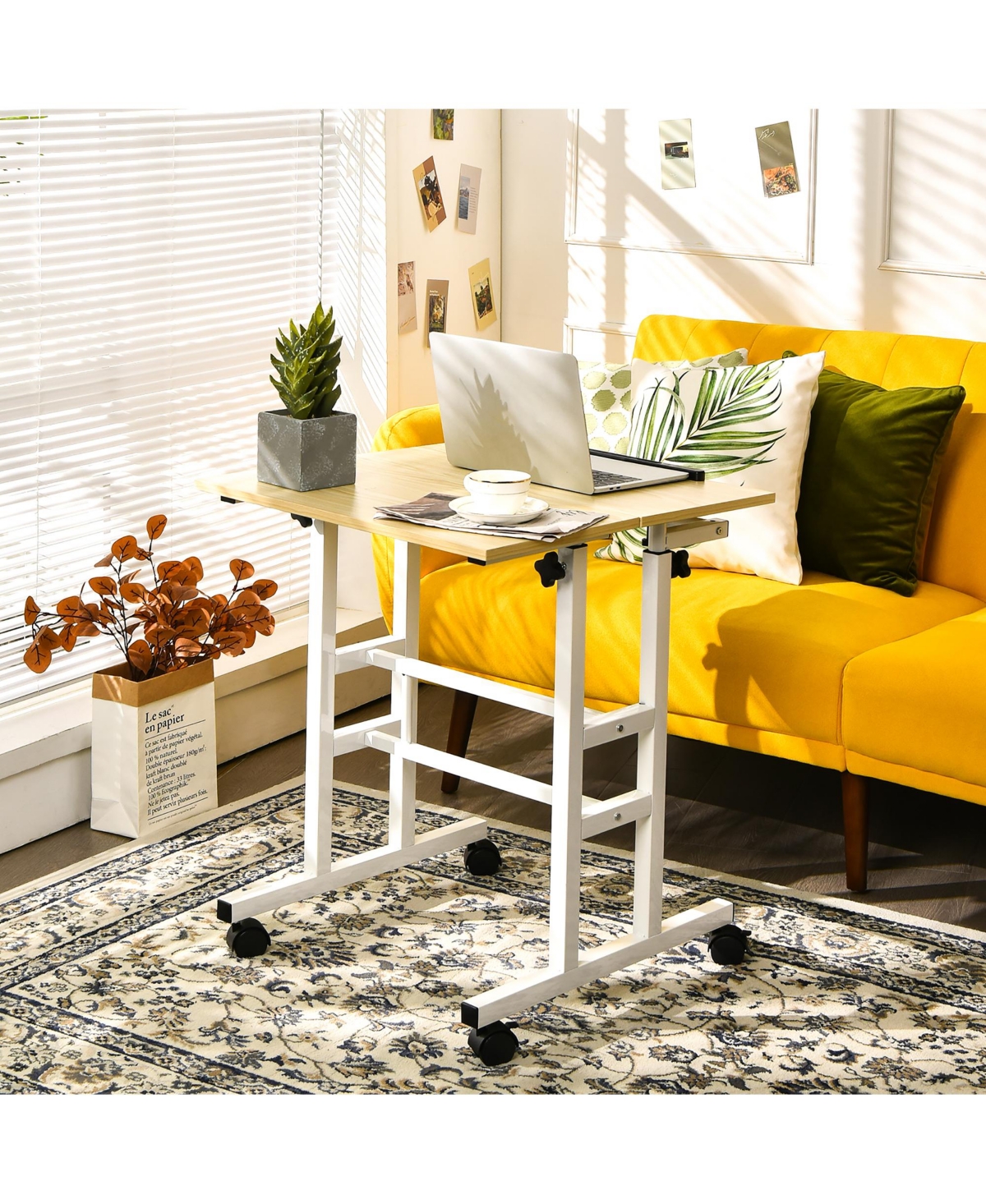 Height Adjustable Mobile Standing Desk with Tiltable Desktop & 2 Hanging Hooks