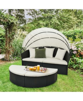 Patio Round Daybed with Retractable Canopy Rattan Sectional Seating