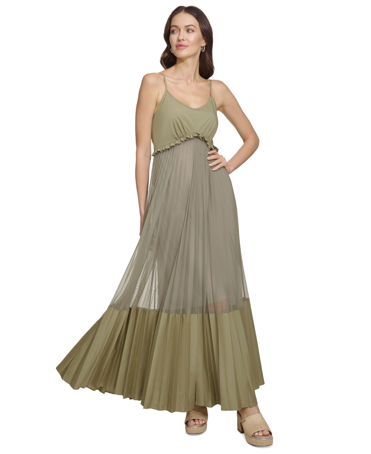 Shop Dkny Women's Solid Tiered Pleated Sleeveless Mesh Maxi Dress In Lght Fatig