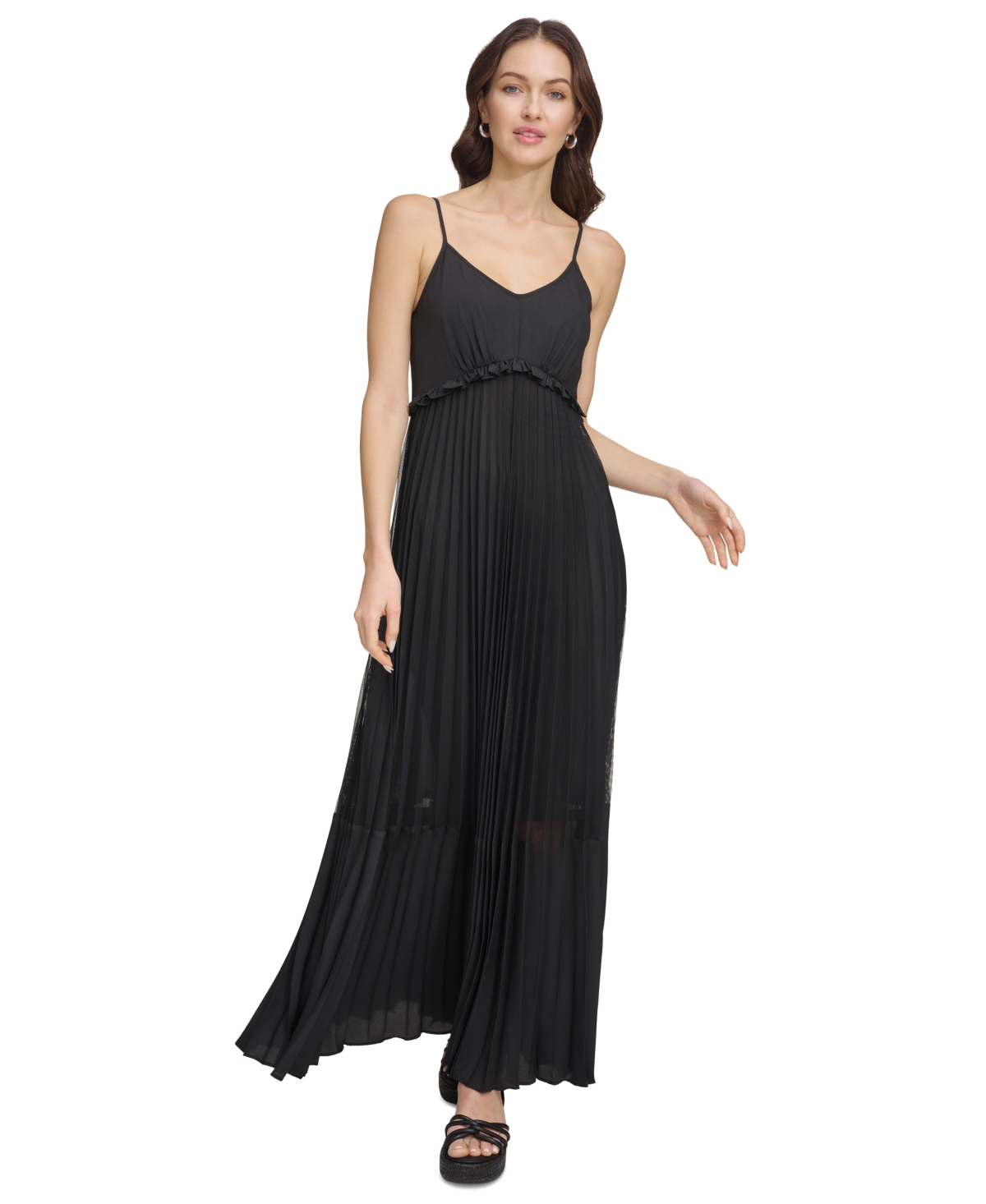Shop Dkny Women's Solid Tiered Pleated Sleeveless Mesh Maxi Dress In Black