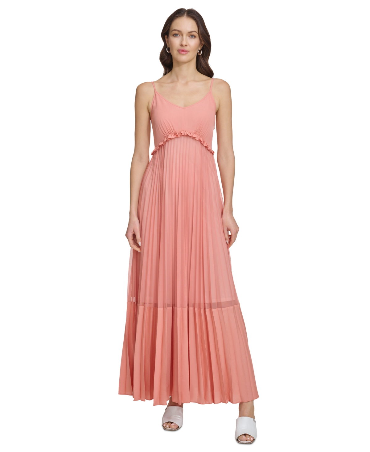 Shop Dkny Women's Solid Tiered Pleated Sleeveless Mesh Maxi Dress In Summer Rou
