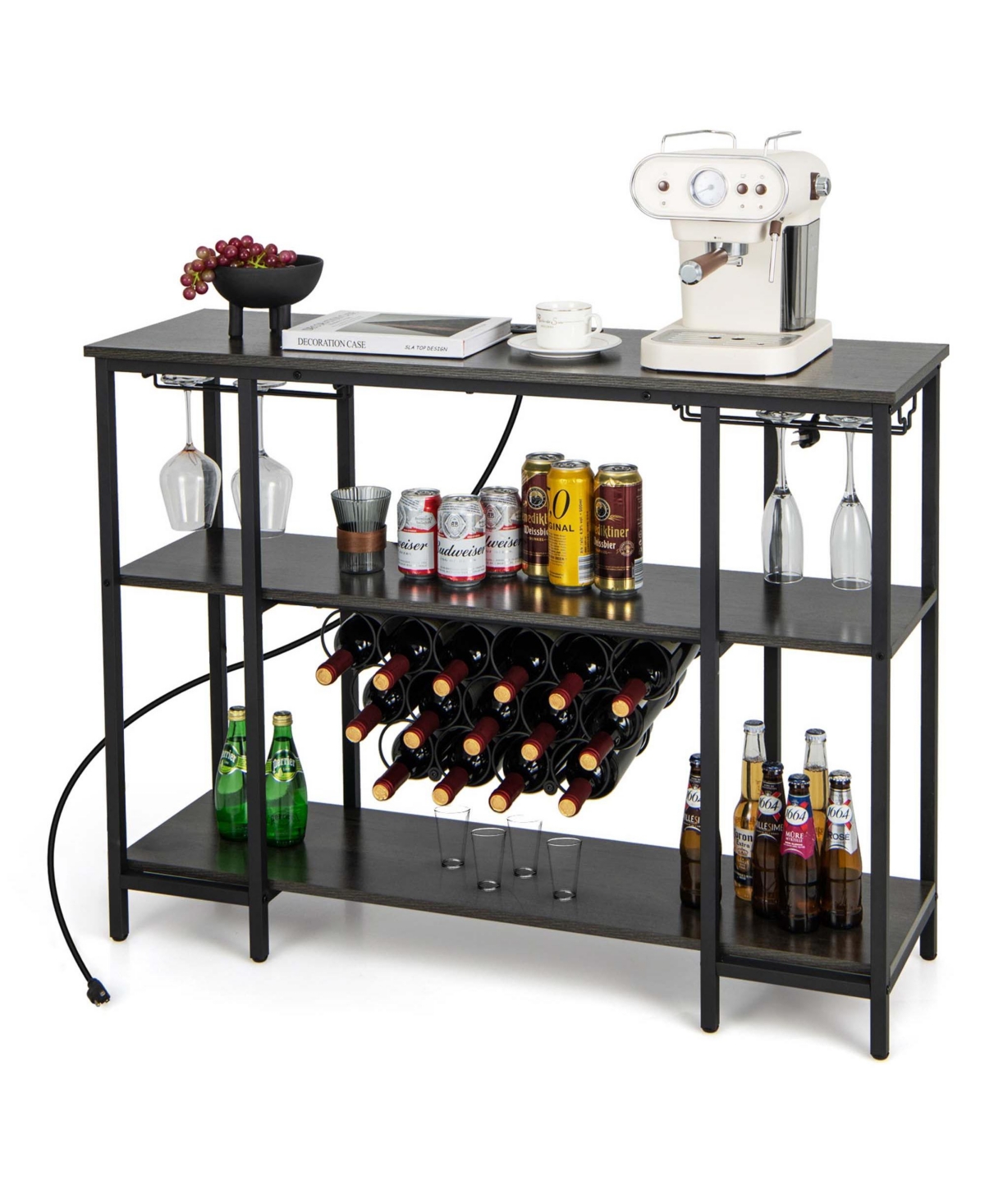 Costway Cabinet Bar Table Rack Table for Drinks Glasses with Power Outlets