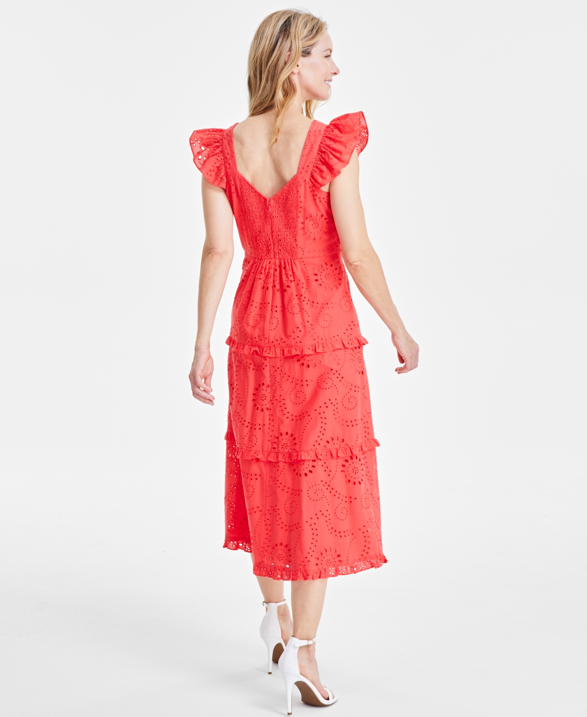 Shop Anne Klein Women's Cotton Scoop-neck Flutter-sleeve Dress In Hibiscus R