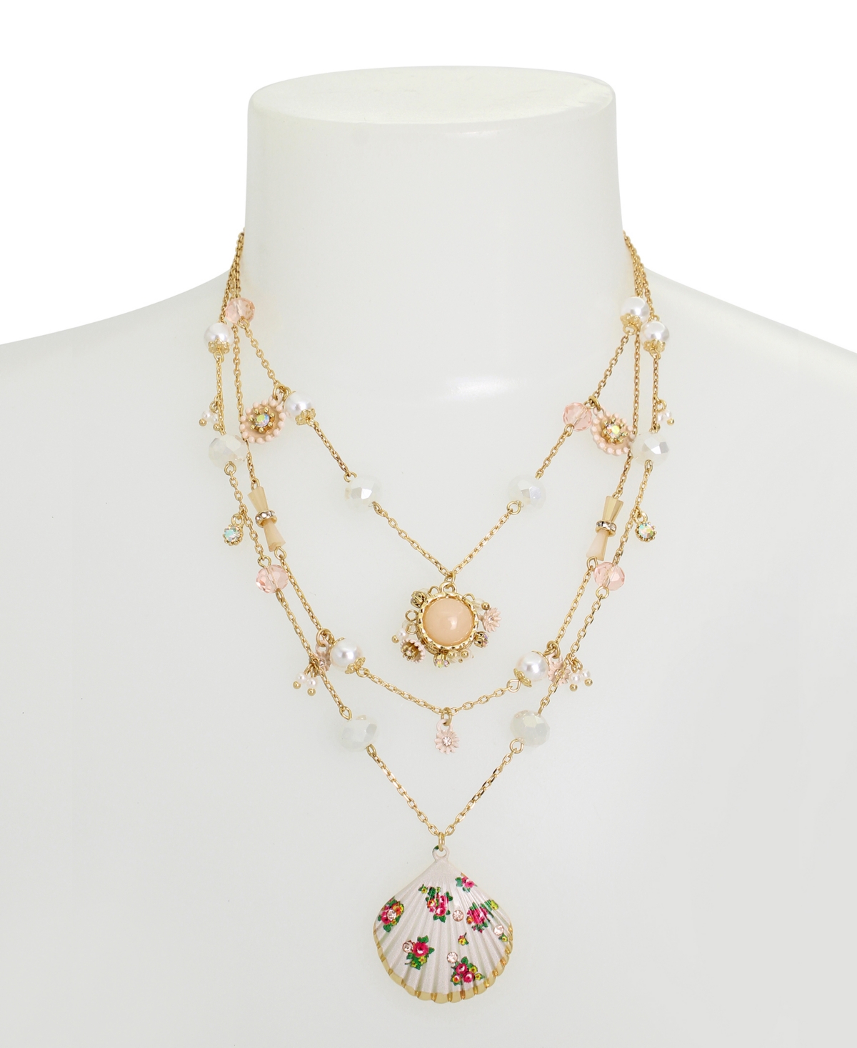 Shop Betsey Johnson Faux Stone Floral Shell Layered Necklace In White,gold