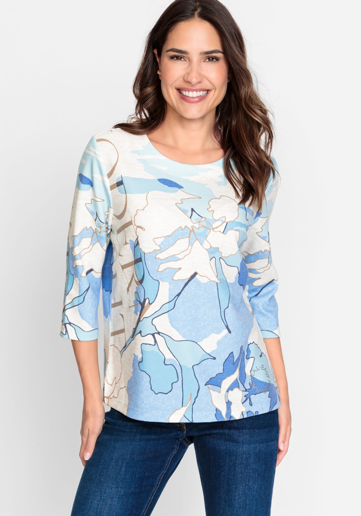 3/4 Sleeve Abstract Print Jersey Top - Ciel blue