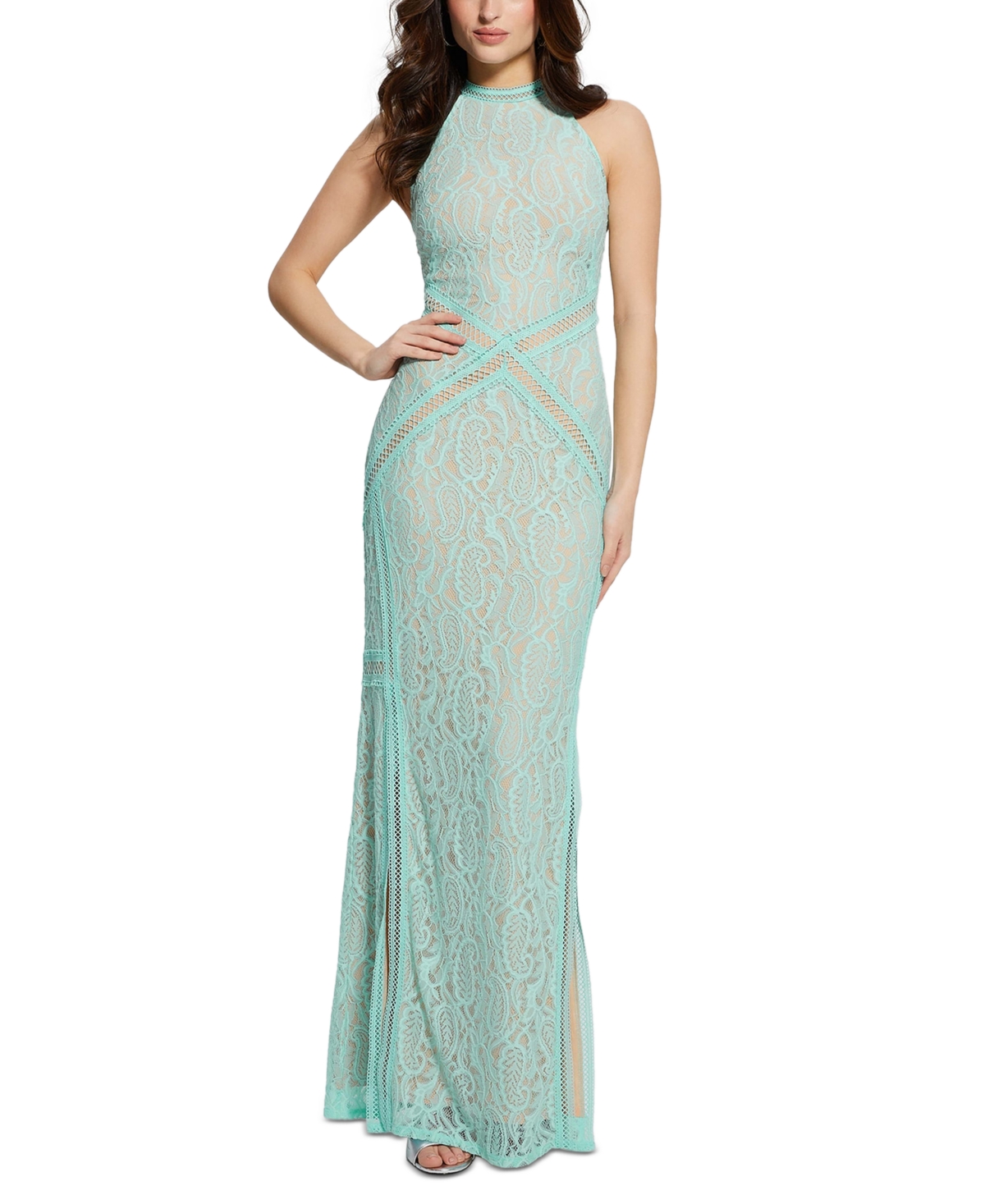 Guess Women's New Liza Lace Halter Sleeveless Gown In Tropic Water