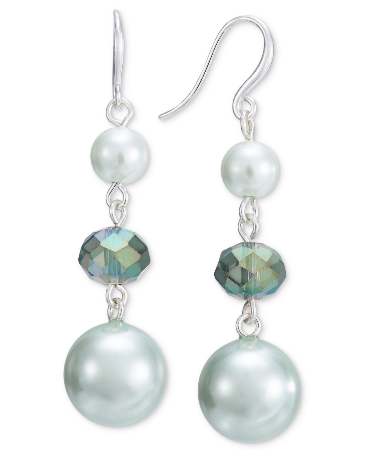 Silver-Tone Color Bead & Imitation Pearl Triple Drop Earrings, Created for Macy's - Green