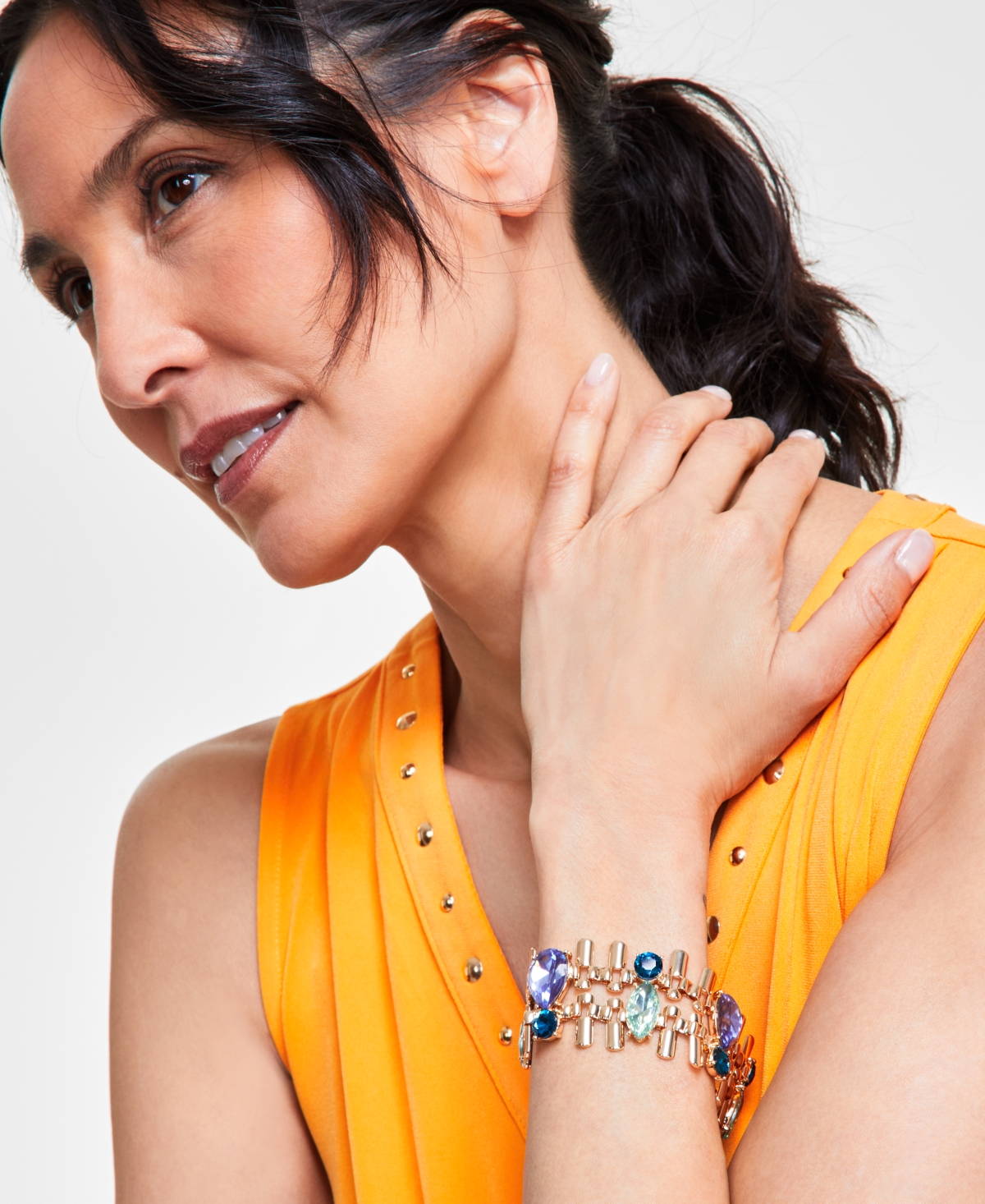 Shop Inc International Concepts Gold-tone Multicolor Crystal & Stone Double-row Flex Bracelet, Created For Macy's