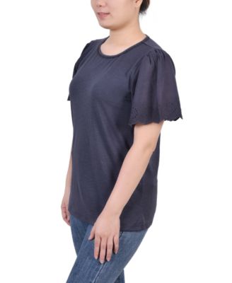 Women's Short Eyelet-Cut-out Sleeve Scoop Neck Top